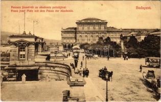 1909 Budapest V. Ferenc József tér az Akadémia palotájával, villamos. Divald Károly műintézete 1732-1908. (EK)