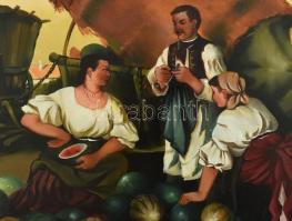 Lázár Etelka (?-): Dinnyeárus. Olaj, farost. Jelzett. Dekoratív, sérült fa keretben. 40x51 cm