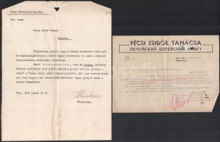 1945 A Pécsi Zsidó Tanács felhívása a visszatért munkaszolgálatosokhoz a zsidó vagyon mentésére. és felhívás a zsidó házőrség és rendőrség megalakítására
