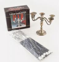 Ötágú fém gyertyatartó, jó állapotban, eredeti dobozában, m: 20,5 cm + 5 db gyertya