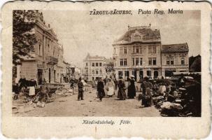 1928 Kézdivásárhely, Targu Secuiesc; Piata Reg. Maria / Fő tér, piac, Szabó János, Kovács János üzlete / main square, market, shops (EB)