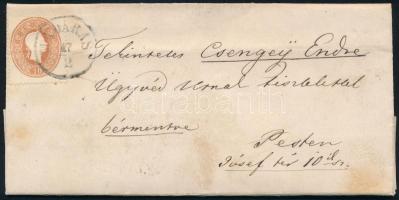 1864 10kr levélen / on cover "MADARAS" - Pest (regiszterhajtás / registration fold)