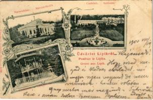 1900 Lipik, Marmorbäder, Curhotels, Trinkquelle / Márványfürdők, szállodák, gyógyforrás. Kiadja Wlaszlovits Gusztáv 1126. / marble baths, hotels, spa, bathing house. Art Nouveau, floral (fl)