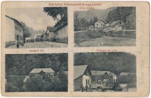 1912 Feketeerdő, Padurea Neagra (Élesd, Alesd); üveggyár, igazgató lak, üvegszállító autó, utca részlet / glassworks, glass factory, director's villa, glass transporter car, street view (Rb)