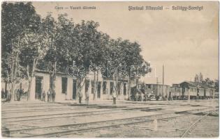 1924 Szilágysomlyó, Simleu Silvaniei; Gara / Vasútállomás, gőzmozdony, vonat, vasutasok / railway station, locomotive, train, railwaymen (EK)