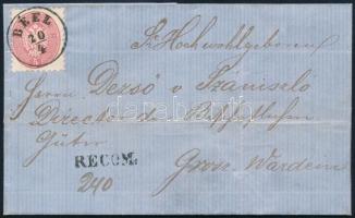 ~1865 3 x 5kr ajánlott levélen, az egyik 5kr bontásnál kettétépve / on registered cover, one of the 5kr stamps torn &quot;BÉEL&quot;