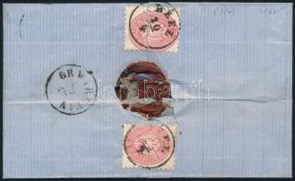 ~1865 3 x 5kr ajánlott levélen, az egyik 5kr bontásnál kettétépve / on registered cover, one of the ...