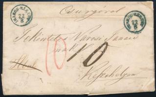 1866 Portózott levél / Unpaid cover, kék / blue "IHAROSBERÉNY" - Keszthely