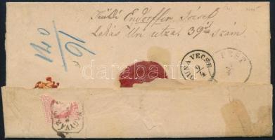 1870 15kr + sérült 5kr ajánlott levélen (1 db 5kr leszakadt) / 15kr + damaged 5kr on registered cove...