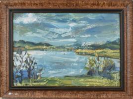 Rózsahegyi György (1940-2010): Balaton. Olaj, farost, jelzett, hátoldalán autográf felirattal. Dekoratív, sérült fakeretben. 36x53 cm.