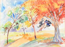 Szilárd Klára (Claire Szilard, 1921-2017): Színes táj. Akvarell, papír, jelzett. Üvegezett fa keretben, 36×50,5 cm