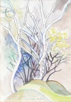 Szilárd Klára (Claire Szilard, 1921-2017): Táj. Akvarell, papír, jelzett. Szilárd Klára autográf ajándékozási soraival Réti Ervin (1928-2015) újságíró részére. Üvegezett fa keretben, 48×33 cm
