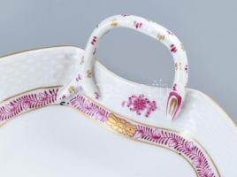 Herendi purpur Apponyi mintás leveles tál, kézzel festett, jelzett, hibátlan, m:7 cm, h:20 cm