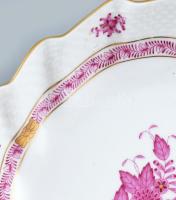 Herendi purpur Apponyi mintás leveles tál, kézzel festett, jelzett, hibátlan, m:7 cm, h:20 cm