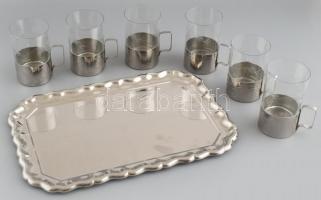 6 személyes vizespohár készlet, üveg (Apró lepattanások) fém tartó, fém tálca (jelzett), 35x24x11cm