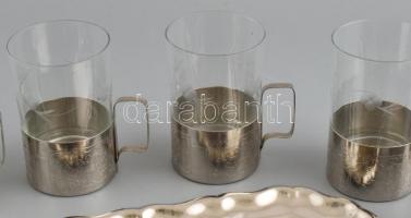 6 személyes vizespohár készlet, üveg (Apró lepattanások) fém tartó, fém tálca (jelzett), 35x24x11cm