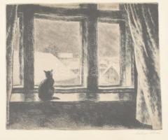 Szőnyi István (1894-1960): Macska az ablakban. Rézkarc, papír, jelzett, üvegezett fakeretben. 25,5×30,5 cm