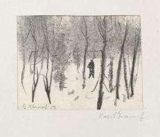 Vasil Ivanof (?-?): Erdőrészlet. Vegyes technika, papír. 8x6 cm. Üvegezett, sérült fakeretben