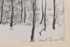 Vasil Ivanof (?-?): Erdőrészlet sétálóval, Szófia, 1957. Vegyes technika, papír. 11x15 cm. Üvegezett...