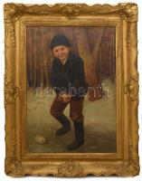 Peske Géza (1859-1934): Hógolyózó fiú. Olaj, vászon, jelzett, kissé sérült. Dekoratív, kissé sérült fakeretben, 70×50 cm