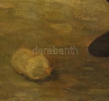 Peske Géza (1859-1934): Hógolyózó fiú. Olaj, vászon, jelzett, kissé sérült. Dekoratív, kissé sérült ...