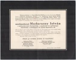 1935 Mátészalka, mezőmadarasi Madarassy István járási főszolgabíró, egyházmegyei tanácsbíró, egyházi főgondnok halotti értesítője
