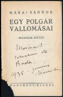 Márai Sándor: Egy polgár vallomásai II. kötet címlapja, dedikálva. Hiányos.