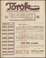cca 1935 Török A. és Társa Bankház Rt. Bp. osztálysorsjegy reklámlap + kitöltetlen megrendelőlap + 3 db sorsjegy, sérült borítékban