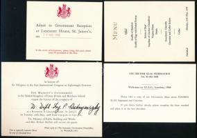 1968 Meghívó Dr. Rudnyánszky Pál (1924-2014) építészmérnök részére, az Egyesült Királyság kormánya által Londonban tartott fogadásra, étlappal, eredeti borítékban