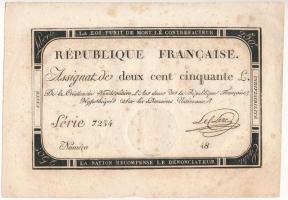 Franciaország 1793. 250L vízjeles papíron 7254 48 T:II,II- fo. France 1793. 250 Livres on watermarked paper 7254 48 C:XF,VF spotted