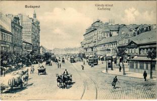 Budapest V. Károly körút, Diana Gyógyszertár, Mellinger és Weiss, Szőnyegház Haldek, villamosok, Papírnemű gyár, Zongoraterem, fogorvos, üzletek, lovaskocsik