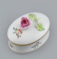 Herendi Viktória mintás porcelán rózsás bonbonier, kézzel festett, jelzett, hibátlan, d: 7 cm cm