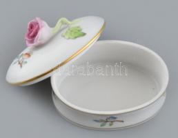 Herendi Viktória mintás porcelán rózsás bonbonier, kézzel festett, jelzett, hibátlan, d: 7 cm cm