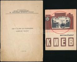 cca 1960-1980 Kijev szovjet fényképezőgép leírása, orosz nyelvű képes ismertető füzet, 28 p. + Kiev 4 és Kiev 4/A fényképezőgép használati utasítása, Ofotért kiadvány, 25 p., tűzött papírkötés, kissé foltos, sérült, megjelent 600 példányban