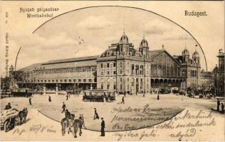 1902 Budapest VI. Nyugati pályaudvar, villamosok, lovaskocsik. Divald Károly 108. (Bal oldali épületsor még nem épült meg ekkor)