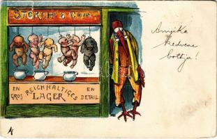 Storch & Comp. / storks shop with babies, humour. litho (szakadás / tear)