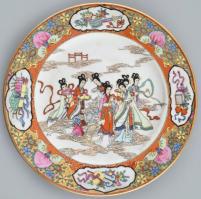 Kína (Zhongguo Zhi Zao) fali dísztányér, részben kézzel festett, porcelán, jelzett, kopott, d:20cm