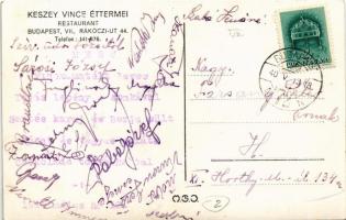 1940 Budapest VII. Keszey Vince éttermei, belső, Salvator sör. Rákóczi út 44. Hátoldalon menüsor