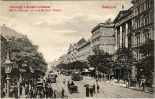 1908 Budapest VIII. Rákóczi út, Nemzeti színház, villamosok, Holzer női feltöltők. Divald Károly 375-1907.