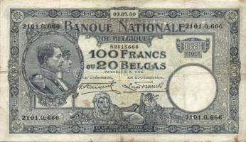 Belgium 1928.06.08. 100Fr/20B T:III/IV + 1930.07.02. 100Fr/20B T:III