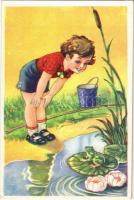 Children art postcard, frog