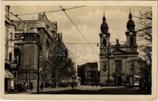 Budapest VIII. Mária Terézia tér (ma Horváth Mihály tér), templom, 16-os villamos, Ormos cipő áruház üzlete, Nektár Fősör Fővárosi sörfőző rt. reklám, kávézó és étkező (fl)