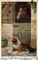 1927 Dog with cat and horse. M. M. Nr. 1165. (kis szakadás / small tear)
