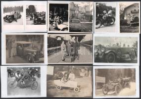 cca 1920-1960 39 db vegyes (nagyrészt régi) autókat, motorkerékpárokat, egyéb járműveket ábrázoló fotó és fotólap, közte sok papírlapra ragasztva, vegyes méretben