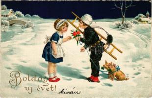 1928 Boldog Újévet! / New Year greeting art postcard with chimney sweeper, lady and pigs. EAS 1102. (EK)