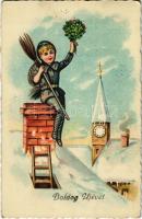 1930 Boldog Újévet! / New Year greeting art postcard with chimney sweeper lady
