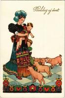 Boldog Újévet! / New Year greeting art postcard with pigs, Hungarian folklore s: Szilágyi G. Ilona
