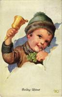 1928 Boldog Újévet! / New Year greeting art postcard, child with bell (EK)