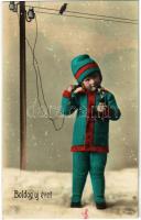 1927 Boldog Újévet! / New Year greeting art postcard, child with telephone