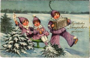 1927 Herzliche Neujahrsgrüsse / New Year greeting art postcard, clowns with sled. WSSB 9909. (EK)